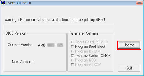 「Update BIOS V1.08」画面