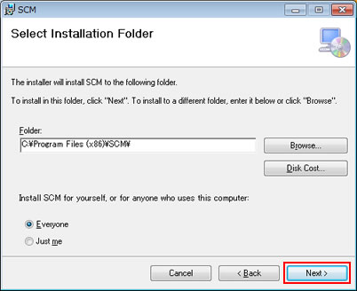 「Select Installation Folder」と表示される画面