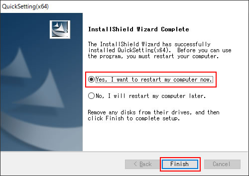 「InstallShield Wizard Complete」と表示されるので、[Yes, I want to restart my computer now]にチェックを付けて、[Finish]をクリック