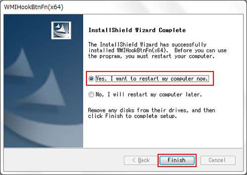 「Installshield Wizard Complete」と表示されるので、[Yes, I want to restart my computer now.]にチェックを付けて[Finish]をクリック
