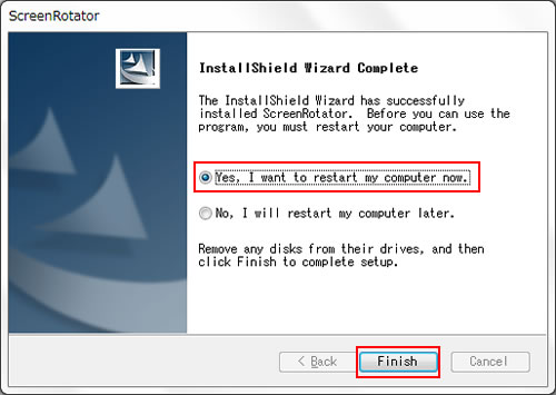 「Installshield Wizard Complete」と表示されるので、[Yes, I want to restart my computer now.]にチェックを付けて [Finish]をクリック