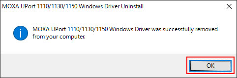 「MOXA UPort 1110/1130/1150 Windows Driver Uninstall」画面
