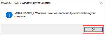 「MOXA CP-102E_E Windows Driver Uninstall」画面