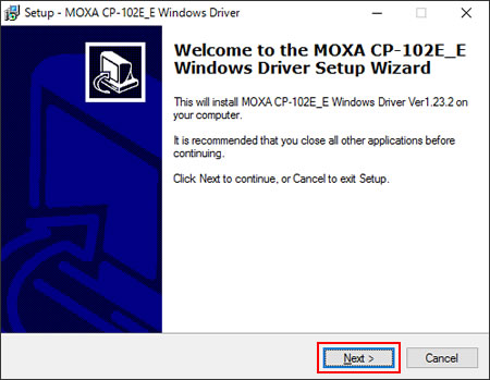 「Welcome to the MOXA CP-102E_E Windows Driver Setup Wizard」
