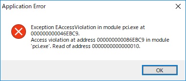 「Application Error画面 Exception EAcessViolation　in pci.exe at...」