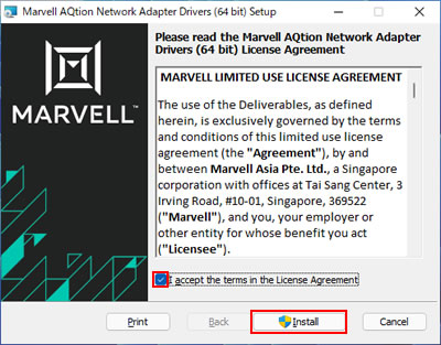 「Please read the Marvell AQtion Network Adapter Drivers(64 bit) License Agreement」