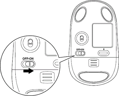 Bluetooth接続レーザーマウスに電池をセットし、底面にある電源スイッチを「ON」